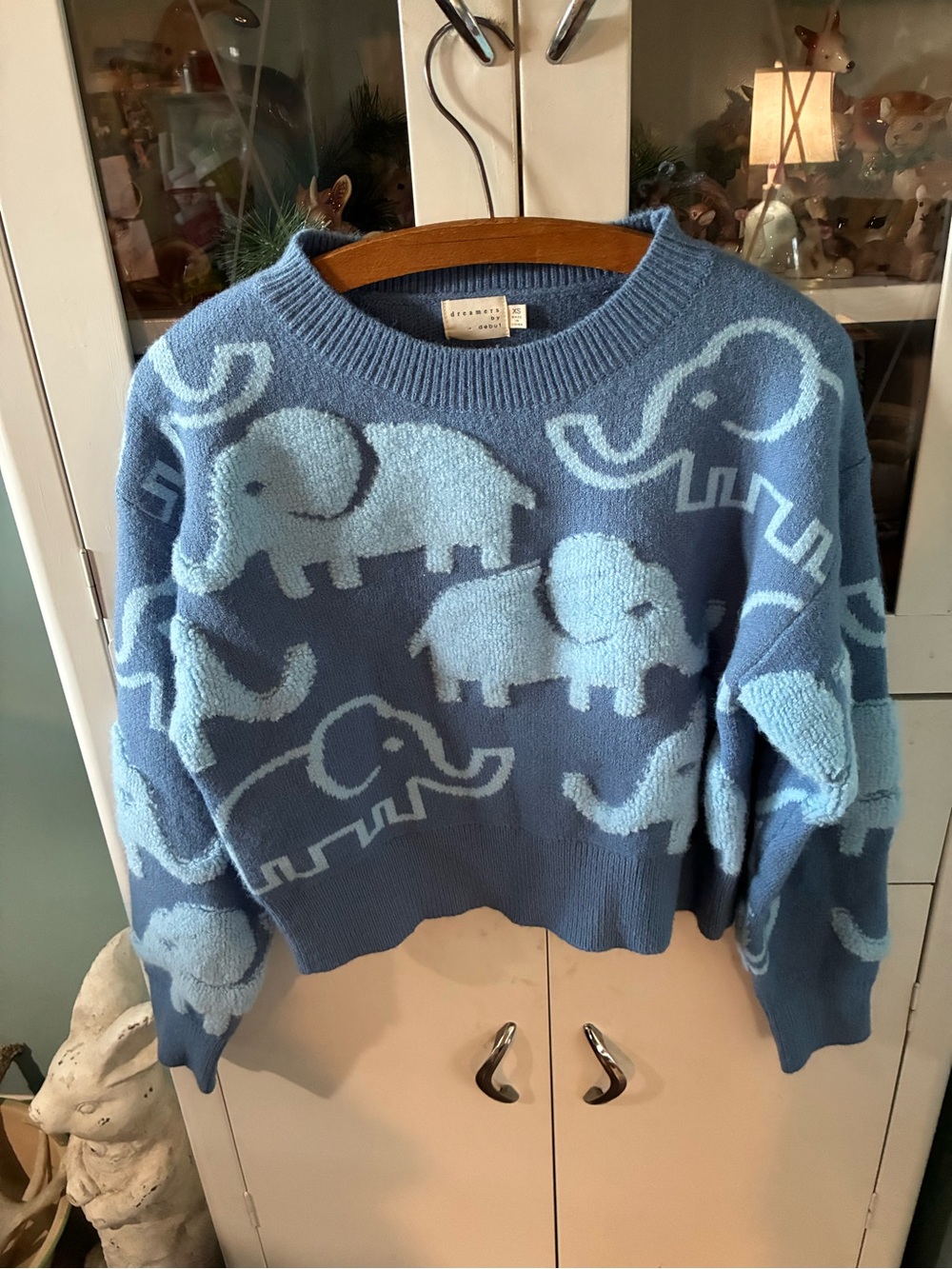 Dreamers by Debut sz XS Blue Elephant Pattern Crewneck Sweater euc